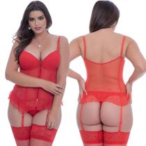 Espartilho Plus Size Vermelho Bordado Em Tule e Renda Com Bojo Zíper Diana Completo Sexy Sensual