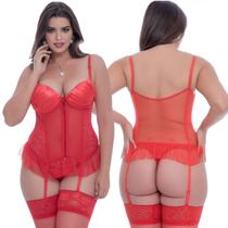Espartilho Sexy Sensual Vermelho Bordado Em Tule e Renda Com Bojo Zíper Plus Cetim Vania