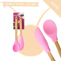 Espátula Pão Duro E Colher Rosa Silicone Cabo Madeira - TOP Útil