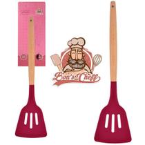 Espatula vazada de silicone vinho cabo madeira bons cheff 32x8cm na cartela- kit 2 pçs