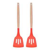 Espatula Vazada Vermelho Silicone Cabo Bambu - 2un