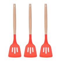 Espatula Vazada Vermelho Silicone Cabo Bambu - 3un