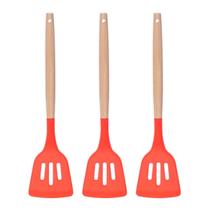 Espatula Vazada Vermelho Silicone Cabo Bambu - 3un