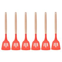 Espatula Vazada Vermelho Silicone Cabo Bambu - 6un