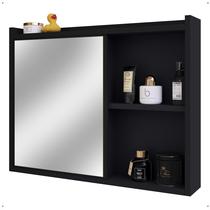 Espelheira Armário Banheiro Suspenso com Espelho 1 Porta Prateleira Organizadora Lavabo Luxo Preto