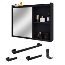 Espelheira Armário de Banheiro 1 Porta Prateleira Espelho Kit Acessórios Lavabo 4 Peças Aço Inox Preto - RPM - Lojas RPM