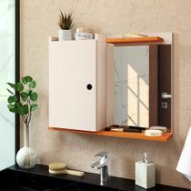 Espelheira de Banheiro Armarinho Suspenso 1 Porta Prateleira Organizadora Madri - Off White/ Cinamomo