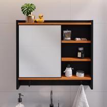 Espelheira de Banheiro Armarinho Suspenso Com Porta Ganchos Prateleira Organizadora Genova - Preto/ Cinamomo