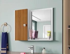 Espelheira para Banheiro 1 Porta 2 Prateleiras Gênova Branco/Ripado