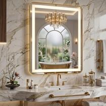 Espelho 4mm led 3 cores 50x100 Retangular Borda Arredondada Moldura Dourada PVC Decorativo