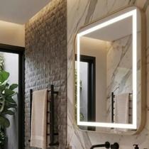 Espelho 4mm premium 80x60 LED 3 cores moldura couro bege botão touch jateado Espelho 4mm premium 80x60 LED 3 cores moldura couro bege botão touch jateado