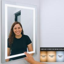 Espelho 50x100 vertical ou 100x50 horizontal iluminado LED 3 cores fria neutra quente banheiro retangular jateado hd touch