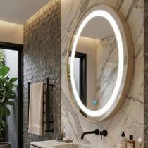 Espelho 80 cm LED 3 cores moldura couro bege luz fria neutra quente redondo iluminação banheiro