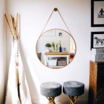 Espelho Adnet Decorativo de Parede Redondo com Alça em material ecológico 60cm Grande + Suporte Pino de Parede - Rei dos Vidros