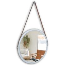 Espelho adnet moldura branca 58 cm com cinta cor marrom de pendurar redondo de vidro