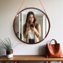 Espelho Adnet Redondo Decorativo Suspenso Com Alça 40cm + Suporte Marrom Alça Caramelo