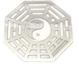 Espelho Baguá Yin Yang Acrílico Espelhado Prata Sala 25cm
