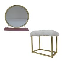 Espelho de maquilhagem e banqueta Benzara Rose Faux Fur Brass Cherry Espelho de maquilhagem e banqueta Benzara Rose Faux Fur Brass Cherry