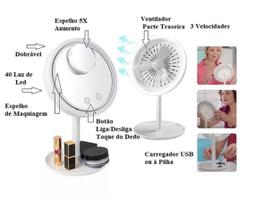 .Espelho de Mesa Com Aumento 5x Luz Led e Ventilador 3 Velocidades Dobrável Par