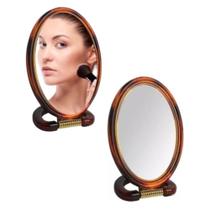 Espelho de mesa dupla face com moldura marrom e dourado redondo