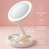 Espelho De Mesa Dupla Face Dobrável com Led Porta Joias