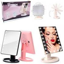 Espelho de mesa giratorio com touch + 16 leds e base porta objetos usb / pilha