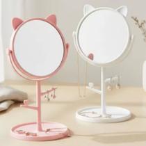Espelho de Mesa GRANDE Redondo Gatinho com Supo - Joias Plasticos Vidro Penteadeira Make Gato Gateira - PANAMI