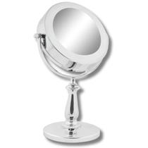 Espelho de Mesa Metal Cromado com Luz de Led e Dupla Face Aumento 5x Maquiagem Penteadeira Uny Home