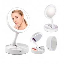 Espelho de Mesa para Maquiagem e Sobrancelha Com Luz de Led ao Redor Rotação 360 Camarim Um lado 1x Outro Lado Zoom 10x