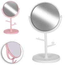 Espelho De Mesa Redondo Com Base Porta Jóias + 2 Ganchos De Plástico 21 X 12,5cm