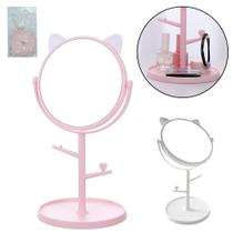 Espelho de mesa redondo com base porta joias + 2 ganchos de plastico gatinho 20x12cm