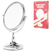 Espelho de mesa redondo dupla face com pedestal e aumento de plastico 34x23cm - WESTERN