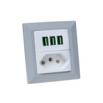 Espelho de Tomada Duplo Chanfrado 1 Tom 20A 3 Usb 5.2A Cinza Espelho de Tomada Duplo Chanfrado 1 Tom 20A 3 Usb 5.2A Cinza