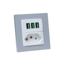 Espelho de Tomada Duplo Reto 1 Tomada 20A 3 Usb 5.2A Cinza