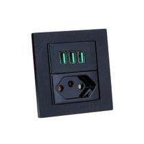 Espelho de Tomada Duplo Reto 1 Tomada 20A 3 Usb 5.2A Preto