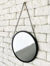 Espelho Decorativo 20cm Redondo De Metal Alça Corrente Pendurar Cor Preto - Interponte