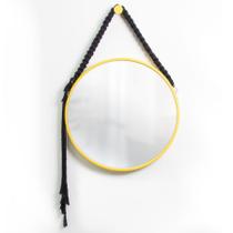 Espelho Decorativo Adnet Amarelo Alça Macramê Preta 50 cm Redondo