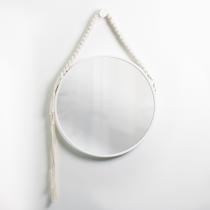 Espelho Decorativo Adnet Branco Alça Macramê Cru 60 cm Redondo