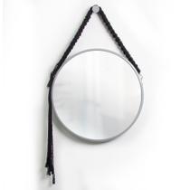 Espelho Decorativo Adnet Cinza Alça Macramê Preta 40 cm Redondo