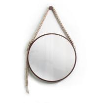 Espelho Decorativo Adnet Marrom Alça Macramê Bege 50 cm Redondo