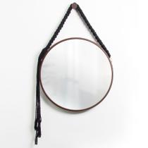 Espelho Decorativo Adnet Marrom Alça Macramê Preta 40 cm Redondo