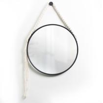 Espelho Decorativo Adnet Preto Alça Macramê Cru 30 cm Redondo