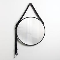 Espelho Decorativo Adnet Preto Alça Macramê Preta 40 cm Redondo