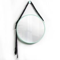 Espelho Decorativo Adnet Verde Alça Macramê Preta 40 cm Redondo
