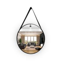 Espelho Decorativo Redondo 60 Cm - Com Alça Em Couro Preto
