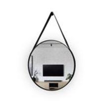 Espelho Decorativo Redondo 60 Cm - Com Alça Em Couro Preto