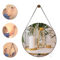 Espelho Decorativo Sala Alça Em Couro 60cm + Suporte Pino