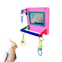 Espelho e Argolas MultiPlay Rosa Brinquedo com Poleiro para Periquitos Calopsitas e Ring Necks Pássaros Pequeno Porte Aves.