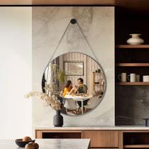 Espelho Grande Moderno De Parede Decoração Sala Banheiro Lavabo Escritório c/ Alça em Couro +Suporte de Fixação - 30cm Redondo - Casa Domo - REI DOS VIDROS