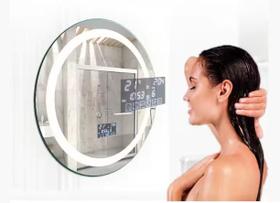 Espelho Iluminado 80 cm Led com visor Inteligente botão Touch som toca Musica desembaçador hora temperatura banheiro - E-spelhos